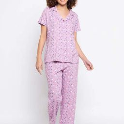 Clovia Purple Cotton Printed Top Pyjamas Set-image-31
