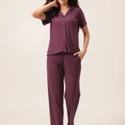 Clovia Purple Blended Solid Lapel Night Suits-image-65