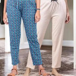 Kryptic White & Blue Cotton Relaxed Fit Printed Lounge Pant - Pack of 2-image-85