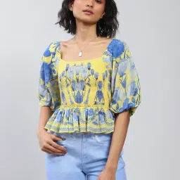 Label Ritu Kumar Yellow Floral Print Peplum Top-image-90