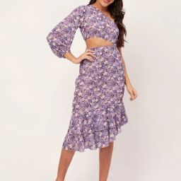 Moomaya Purple Floral Print High-low Dress-image-35