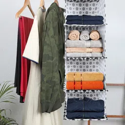 Kuber Industries Black & White Printed 4-Shelf Closet Hanging Organizer-23