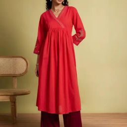 Taneira Pink Cotton Regular Fit Embellished Kurtas-picture-10