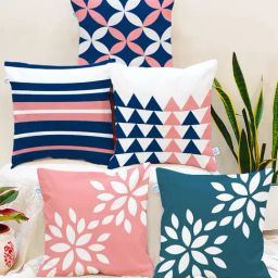 Stitchnest Geometric Pink and Blue Printed Poly Cotton Square Cushion Covers - Set of 5-2