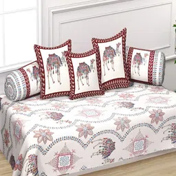 INDHOME LIFE 6Pcs White & Maroon Printed Pure-Cotton 190TC Breathable Diwan Set-35