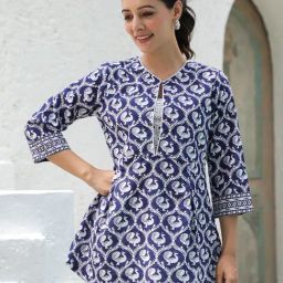 Rain and Rainbow Blue Cotton Printed Three-Quarter Sleeves Kurti-image-91