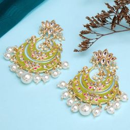 Karatcart Gold-Plated Light Green Meena Lotus Design Pearl Chand Bali Earrings-23
