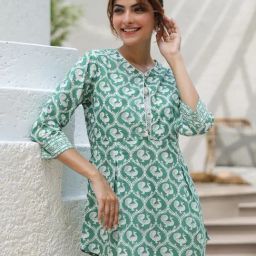 Rain and Rainbow Green Cotton Printed Three-Quarter Sleeves Kurti-image-99