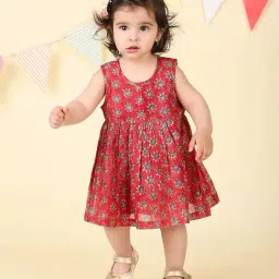 Fabindia Infant Girls Red Cotton Silk Printed Dress-picture-4