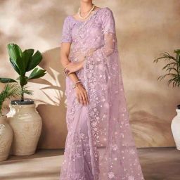 Odette Purple Embroidered Saree With Unstitched Blouse-image-16