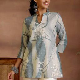 Libas Grey Linen Printed A Line Short Kurti-image-56