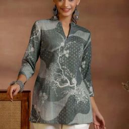 Libas Grey Linen Printed A Line Short Kurti-picture-44