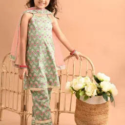 LilPicks Kids Pista Green Cotton Floral Print Kurta Set-image-20