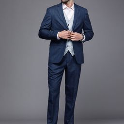 Louis Philippe Men Navy Blue Checked Double-Breasted Slim Fit Formal Three-Piece Suit-image-14