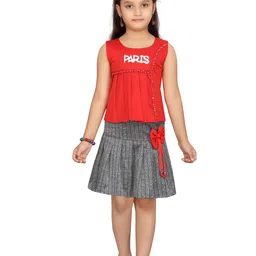 Aarika Girls Red & Charcoal Grey Printed Top with Skirt-image-10