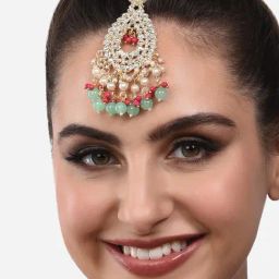 Zaveri Pearls Pink & Green Cluster Drops Ethnic Kundan Maangtikka-ZPFK13789-image-13