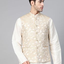 MANQ Men Beige Woven Design Nehru Jacket-26