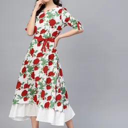 Geroo Jaipur White & Red Floral Hand Block Printed Pure Cotton Dress-0