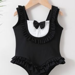 Babyhug Sleeveless V Cut Swimsuit With Frill & Bow Applique Solid Colour - Black-image-40