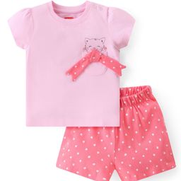 Babyhug Cotton Knit Single Jersey Half Sleeves Night Suit With Kitty Print & Bow Applique - Pink-image-72