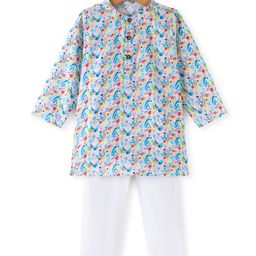 Babyhug 100% Cotton Woven Full Sleeves Kurta & Pyjama Set With Abstract Print - Blue & White-image-87