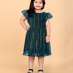 SHRITHI Fashion Fab Half Sleeve Geometric Striped Designed Flared Net Dress - Green-image-48
