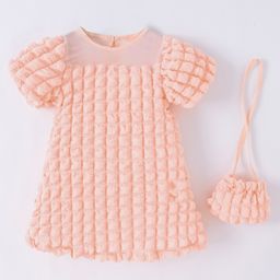 Kookie Kids Half Sleeves Textured Party Frock with Sling Bag - Pink-image-88