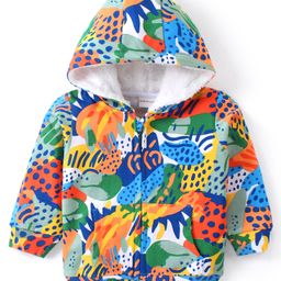 Babyhug Cotton Knit Full Sleeves Front Open Hooded Sweatjacket With Tropical Print &  Kangaroo Pockets - White-image-96
