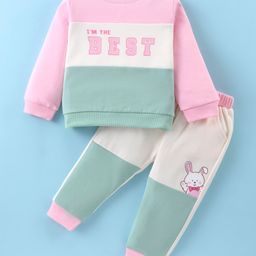 ToffyHouse 100% Cotton Knit Full Sleeves Text & Bunny Printed T-Shirt & Lounge Pants Set - Pink & Green-picture-13