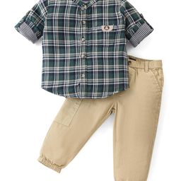 Simply Premium Cotton Woven Full Sleeves Mandarin Collar Checks Shirt & Pants Set - Dark Green & Beige-image-96