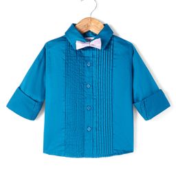 Babyhug Cotton Woven Full Sleeves Solid Shirt with Pintucks Detailing & Bow - Blue-image-76