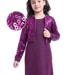 Hola Bonita Knit Full Sleeves Sequined Jacket with A Line Knee Length Shimmered Party Dress - Purple-picture-10