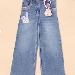 Cutecumber Denim Pearls Embellished & Rabbit Patch Detailed Washed Jeans - Blue-image-94