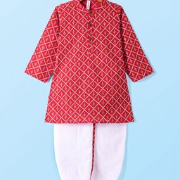 Babyhug Cotton Woven Full Sleeves Foil Printed Kurta & Dhoti Set - Red-image-43