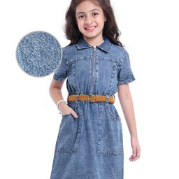 Hola Bonita Cotton Woven Half Sleeves Denim Dress With Collar - Blue-picture-13