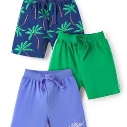 Babyhug Cotton Knit Mid Thigh Length Shorts with Beach Theme Print Pack of 3 - Navy Blue Green & Blue-image-20