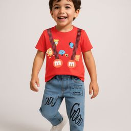 Mark & Mia Knit Half Sleeves T-Shirt & Denim Jeans Set With Animal Print - Red & Blue-image-96