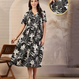 Zelena 100% Rayon Half Sleeves Abstract Printed Maternity Zipless Feeding Dress With Nursing Access & Pockets - Black & Offwhite-image-53