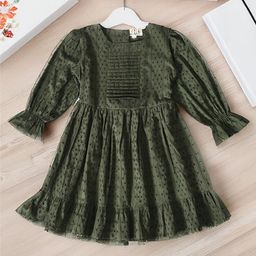 Bella Moda Cotton Three Fourth Peasant Sleeves Schiffli Embroidered Dress - Dark Green-picture-10