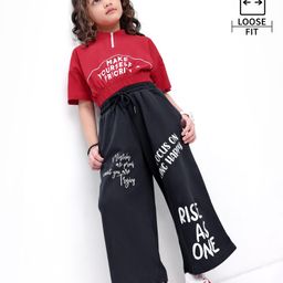 Ollington St. Cotton Knit Half Drop Shoulder Sleeves Top & Culotte Pant Set With Text Print - Red & Navy-image-24