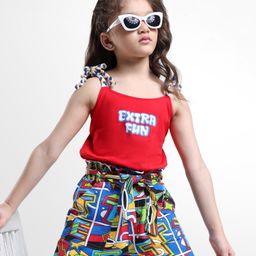 OLLINGTON ST. Cotton Co-ords Sleeveless Text Printed Top & Shorts Set with Fabric Belt - Red-image-91