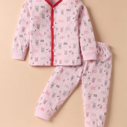 Mini Donuts Single Jersey Knit Full Sleeves Co-ords Night Suit With Animal Print - Pink-image-50