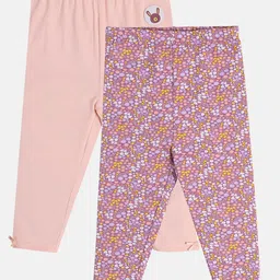 MINI KLUB Cotton Pack Of 2 Solid & Floral Printed Leggings - Violet & Pink-picture-31