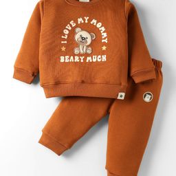Ollypop Fleece Knit Full Sleeves Winter Wear Suit Set with I Love My Mommy & Bear Print - Cinnamon Peach-picture-1