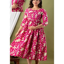 NEVISHA STYLE Cotton Woven Three Fourth Sleeves Floral Printed Maternity Dress With Side Seam Nursing Access - Pink-image-82