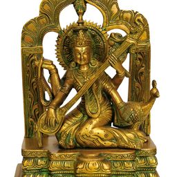 Exotic India Gold-Toned & Green Goddess Saraswati Religious Idol Showpiece-image-40