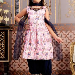 Sangria Girls Abstract Printed Georgette Kurta With Patiala & Dupatta-picture-23