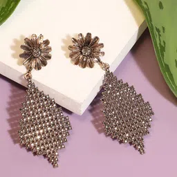 DressBerry Gold-Plated Artificial Stones Studded Floral Shaped Drop Earrings-17