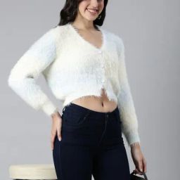 SHOWOFF Cream & Blue Regular Fit Crop Cardigan-picture-12
