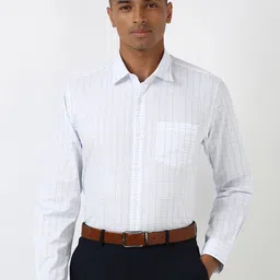 Peter England Men Spread Collar Grid Tattersall Checked Polycotton Slim Fit Formal Shirt-picture-7